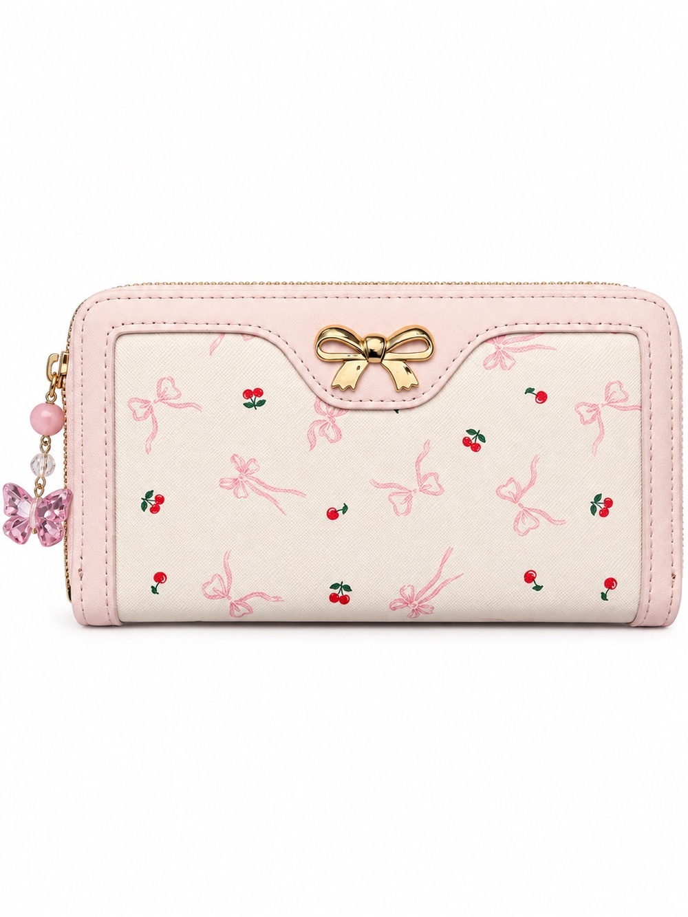 Pink Cherry Bow Print Zip Wallet with charm